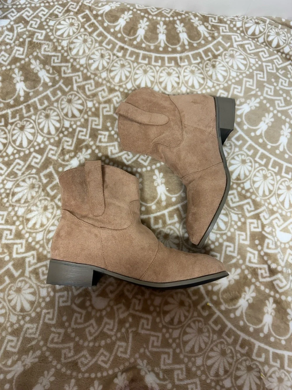 Suede like Ankle Western Boots in Tan - Women's Stylish Comfort